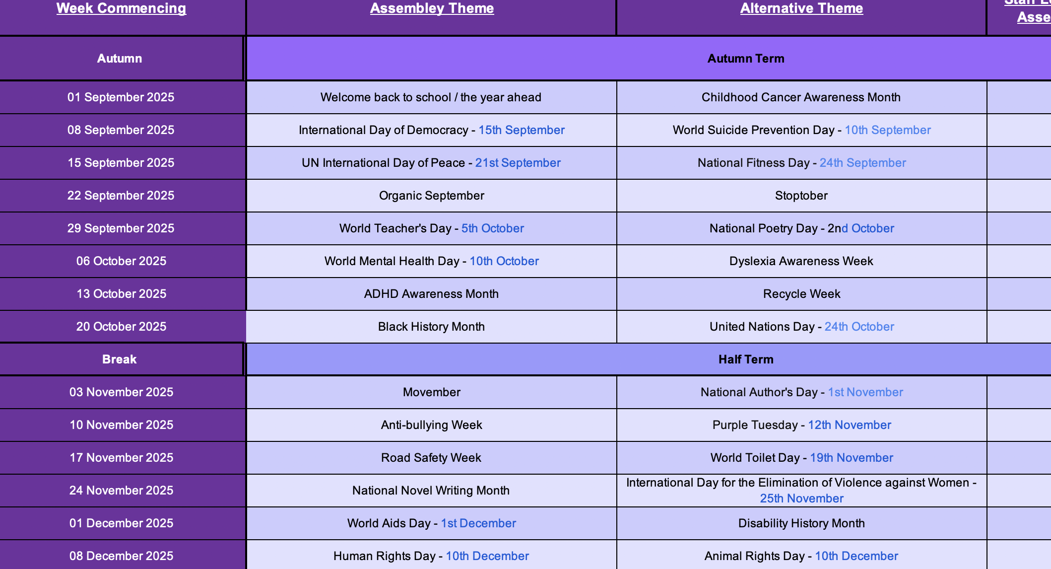 2025/26 Calendar of awareness days, weeks & months (PSHE and Citizenship related) 